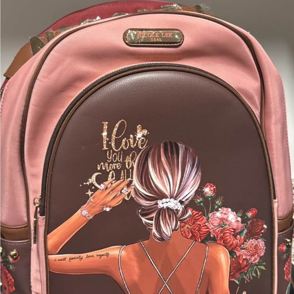 Nicole Lee Pink and Brown Backpack with Floral Art